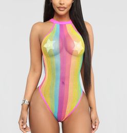 Mesh See Through One Piece Set Swimsuit Sexy Halter Fishnet Rainbow Bathing Suit Summer Fashion Swimwear Lady Swimsuit Biquini2522855