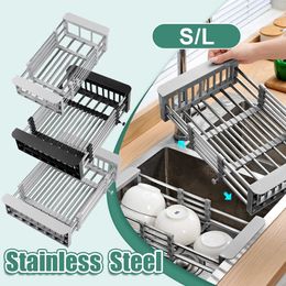 Kitchen Dish Drying Rack Adjustable Dish Drainer Stainless Steel Sink Rack Fruit Vegetable Retractable Organiser Basket tool 240407