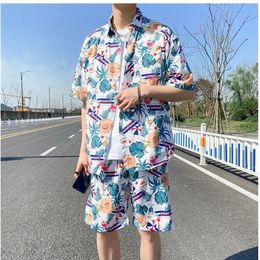 Mens 2 Pieces Set Hawaiian Shirts Beach Shorts Mens Casual Streetwear Summer 12 Floral Print Loose Short Sleeve Holiday Suits 240408