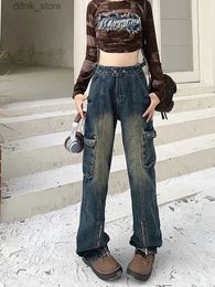 Women's Jeans 2023 Korean Y2K Fashion Zipper Old Blue Flare Cargo Jeans Pants For Women 90S Clothes Vintage Lady Denim Trousers Pantn Femme Y240408