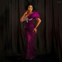 Party Dresses African Purple Lace Evening Appliques Beaded 3D Shoulder Long Dress Nigerian Aso Ebi Women Wedding Guest