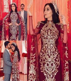 Red Sheath Prom Dresses High Neck Appliqued Beaded Long Sleeves Evening Gown Sweep Train Custom Made Muslim Formal Party Gowns7033061