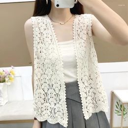 Women's Vests Korean Style Open-Front Crochet Lace Vest Women Summer Sleeveless Jacket Beige White Knit Cardigan Top