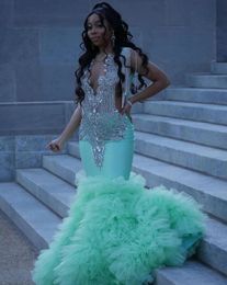 Mint Green Long African Evening Formal Dress for Women Ruffles Sier Diamond Crystal Black Girl Prom Gala Birthday Gown