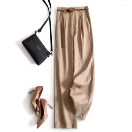 Women's Pants Khaki Casual Lyocell Linen High Waist With Belt Wide Leg Korean Fashion Full-Length For Women 2024 Spring