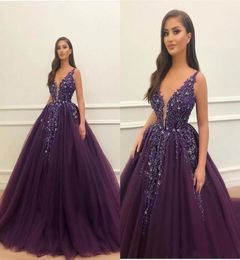 Purple V Neck Tulle Ball Gown Quinceanera Dresses Spaghetti Straps Beading Crystal Top Ruched Long Formal Evening Party Dresses3709565