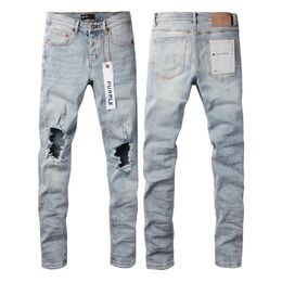 purple jeans mens jeans Designer stacked long pants Ripped High Street Jeans zipper fly Retro Paint Spot Patch Hole Denim Streetwear silm Feet Micro Elastic pants