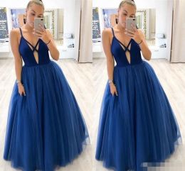Dresses Sexy Royal Blue Prom Dresses Plunging V Neck Satin Tulle Floor Length A Line Spaghetti Straps Formal Eevening Graduation Party Gow