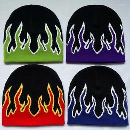 Berets Hip Hop Street Flame Hat Fashion Dance Skull Fire Hell Burn Flames Trend Knitted Soft WearBonnet Beanie