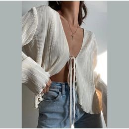 Women Cardigan Long Flare Sleeve V Neck Tie Up Lacing Solid Summer Ladies Tops for Casual Party Pleated Plain Shirts 240402