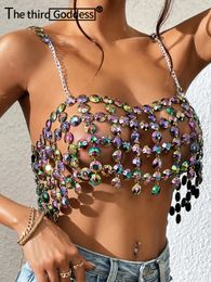 Sexy halter metal rhinestone Crop top women summer see through Club beach party tank top rave outfits womens cropped y2k Tops HL 240327