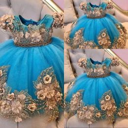 Dresses 2023 Turquoise Flower Girls Dresses For Weddings Scoop Neck Cap Sleeves Lace Appliques Pearls Beads Birthday Children Girl Pageant