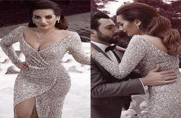 Gorgeous Saudi Arabic Silver Evening Dresses Sexy V Neck Long Sleeve Sequined Sheath Prom Dresses Long Vestidos Party Gowns1391627