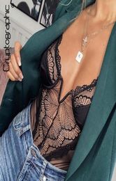 Cryptographic Deep V Fashion Lace Sexy Bodysuit Women Patchwork Mesh Transparent Female Jumpsuit Slim Body Mujer Catsuit Q19057749824