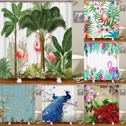 Shower Curtains Bathroom Decoration Curtain Plant Flowers Birds Flamingo 3D Printed Waterproof With Hooks