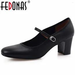 Dress Shoes FEDONAS Vintage High Heels Women Pumps Round Toe Genuine Leather Office Lady Woman Mary Janes Spring Summer Retro Style