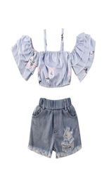 Toddler Baby Kids Girls Clothes Off Shoulder Tshirt Tops Denim Skirt Shorts Outfits Baby Clothing Set7240781