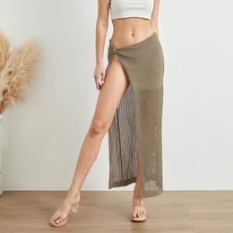 Women Beach Long Skirts Summer Swimsuit Cover-up Wrap Sarong Skirt Solid Colour Side Twist Slit Knitted For Beachwear