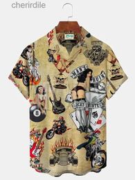 Men's Casual Shirts Royaura Retro Skull Pin Girl Rockabily Flame Dice Print Hawaii Extra Large Aloha Wrinkle Free Shirt Summer Top yq240408