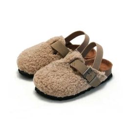 Slipper Child Baby Boys Girls Warm Fuzzy Slipper Plush Sandals Cork Faux Fur Flats Toddler Prewalker Slipper Elastic Back Strap 240408