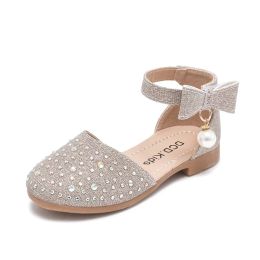 Sneakers Girls Half Sandals Children Shoes 2022 Summer Princess Glitter Kids Dress Shoes for Wedding Party Ankle Strap Rhinestone Bowtie