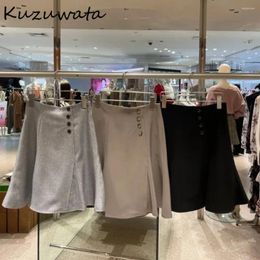 Skirts Kuzuwata A-line High Waist Elegant Sweet Skirt Slim Fit All-match Casual Single Breasted Faldas Japan Umbrella Mujer