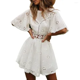 Casual Dresses Women Dress Backless Hollow Out Flower Applique A-line Loose Hem Pleated Half Sleeve Patchwork Vestidos Verano Moda 2024