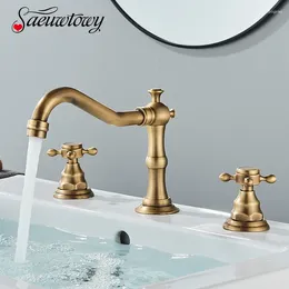 Bathroom Sink Faucets Antique Brass Faucet 3 Holes Basin Deck Mount Tap Cold Water Double Control Handles Mixer Taps