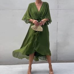 Spring V Neck Loose Long Irregular Dress Women Sexy Laceup Pleated Bohemian Summer Batwing Sleeve Solid ALine Maxi 240408