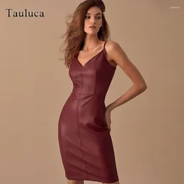 Casual Dresses Soft PU Leather Knee Length Midi Burgundy Pencil Dress Women Elegant Fashion Back Zipper Ladies Club Party Vestidos Female