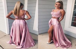 2019 Two Pieces Prom Dresses Scoop Neck Sleeveless Open Back Corset Lace Crop Top Sexy High Split Long Evening Party Gowns Sweep T7066782
