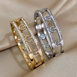 Bangle Hollow Tree Of Life Stainless Steel Bracelet For Women Doublelayer Inlaid Zircon Gold Silver Color Cuff Bracelets