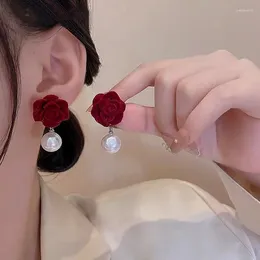 Stud Earrings Elegant Wine Red Flocking Flower Pearl For Women Vintage HongKong Style Velvet Heart Earring Christmas Year Jewellery