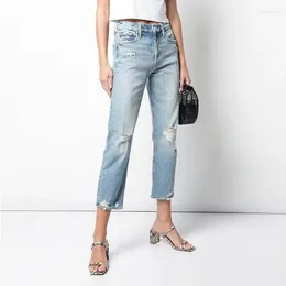 Women's Jeans Ninth Pants Early Spring High Waisted Light Blue Low Elasticity Ripped For Women