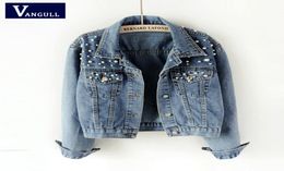 Vangull 2019 Spring Autumn New Pearl Beading Crop Denim Jackets Female Casual Jeans Bomber Jacket Long Sleeve Coat Plus Size 5Xl5519285