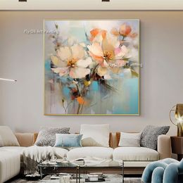 White Texture Wall Art Decor Handmade Abstract Floral Oil Canvas Painting Modern Colorful Flowers Canvas Painting For Living Room Decor