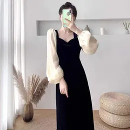 Casual Dresses French Style Velvet Patchwork Dress Women Spring Long Sleeves Square Collar Mid Skirts Elegant Simple All-matched