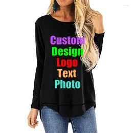 Women's T Shirts 2024 Autumn Round Neck Black Long Sleeve Casual Tops Solid Colour Custom LOGO