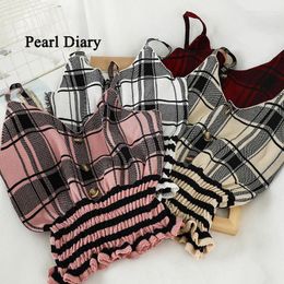 Women's Tanks Pearl Diary Women Summer Knitting Camisole Plaid Spaghetti Strap Cropped Tops Buttons Front Smocked Hem Slim Fit Casual