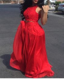 Sexy Red Two Pieces Prom Dresses Lace Long Sleeveless Jewel Neck Floor Length Chiffon Formal Evening Gowns Custom Cheap Maxi Dress5586870