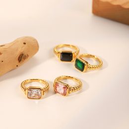 French Stainless Steel Rectangular Zirconium Emerald Pink White Zirconium Ring for women Factory Wholesale