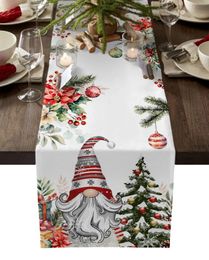 Christmas Gnome Berries Fir Leaves Linen Table Runners Holiday Party Decor Washable Dining Table Runners Christmas Decorations 240325