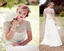 2019 Vintage Great Gatsby Sparkly Crystal Beach Wedding Dresses Jenny Packham Cap Sleeve Country Bridal Wedding Gowns Bridal Dress5646337