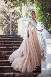 Dresses Romantic 2019 Lace Pink Wedding Dress High Quality Deep Vneck Tulle Bridal Gown Custom Made Plus Size