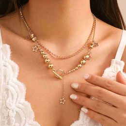 Pendant Necklaces Salircon Gothic Acrylic CCB Ball Chain Necklace Fashion Star Pendant Double Layer Choker Necklace Womens Neck Jewelry240408QMVA