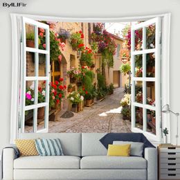 Tapestries Flowers Landscape Tapestry Outside The Window European Town Scenery Living Room Bedroom Wall Hanging Art Decor