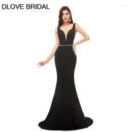 Party Dresses Plunging V Neck Evening Dress Shinny Black Mermaid Backless Special Occassion Gown With Delicate Beaded Belt