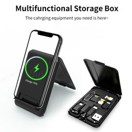 15W wireless charging multi-function data cable adapter storage box folding mobile phone stand