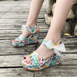 Sandals 2024 Women's Summer Casual High Heels Flower Wedge Strap Bow Platform Shoes