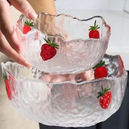 Bowls Strawberry Printed Glass Salad Bowl Gold Border Large Capacity Transparent Noodle Creative Household Soup Tableware